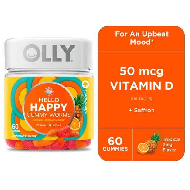 OLLY Hello Happy Gummy Worms, Mood Balance Support Supplement, Vitamin D, Tropical, 60 Count OLLY Hello Happy Gummy Worms, Mood Balance Support Supplement, Vitamin D, Tropical, 60 Count