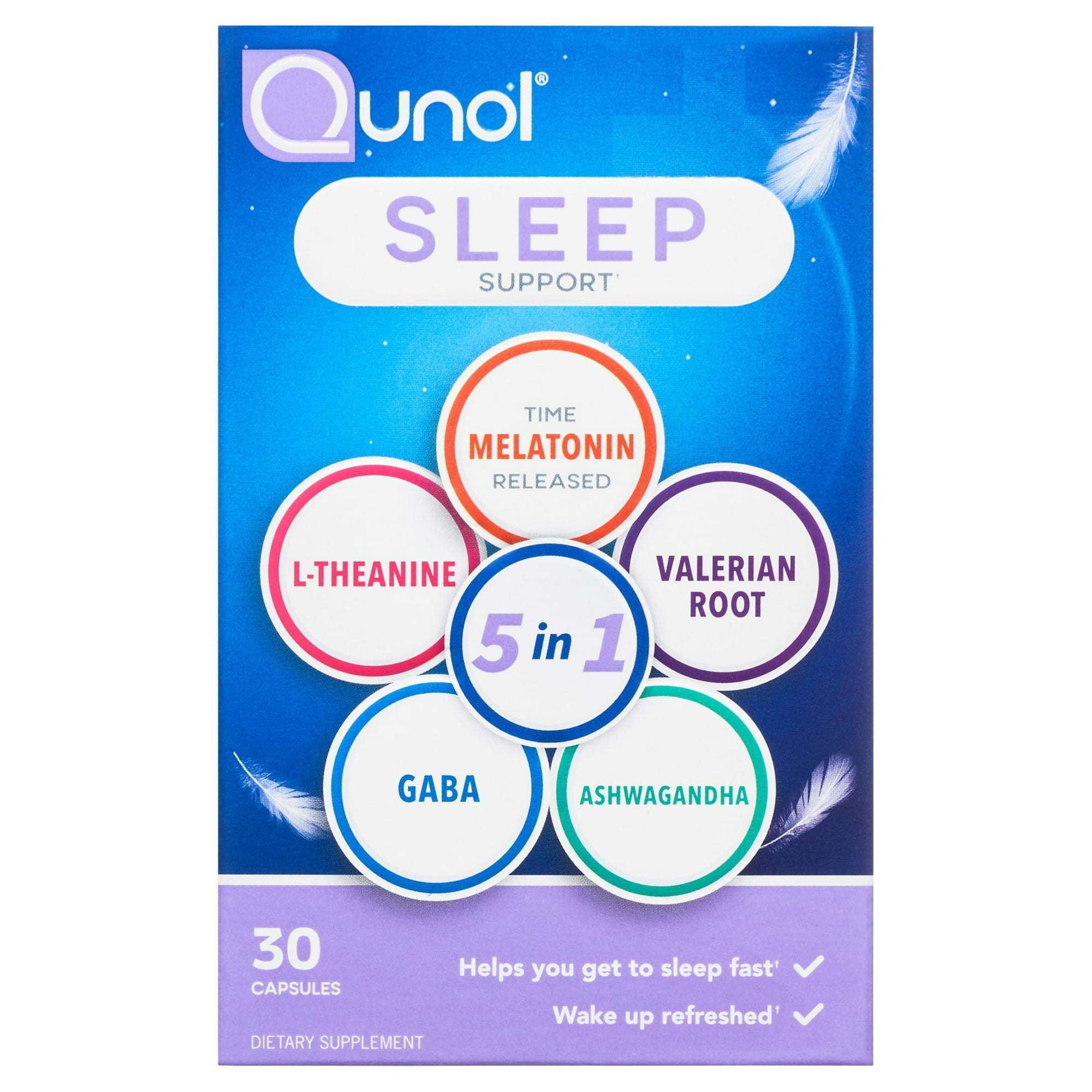 Qunol Sleep Support, 5 in 1 Non-Habit Forming Sleep Aid, Supplement with time-released Melatonin 5mg, Ashwagandha, GABA, Valerian Root, L-Theanine, 30 Qunol Sleep Support, 5 in 1 Non-Habit Forming Sleep Aid, Supplement with time-released Melatonin 5mg, Ashwagandha, GABA, Valerian Root, L-Theanine, 30